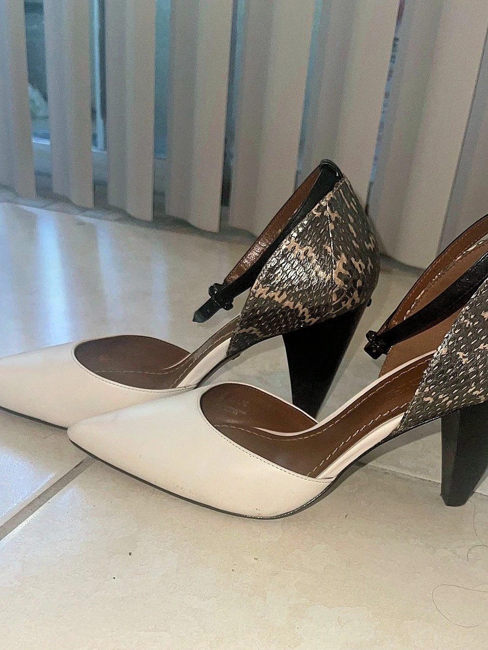 Coach Pointed-Toe Animal Print Heels in White & Brown
